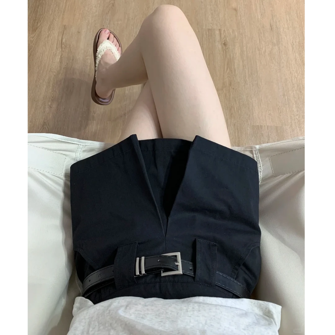 黑色压褶开叉工装半身裙女夏季新款休闲低腰百搭通勤A字裙短裙