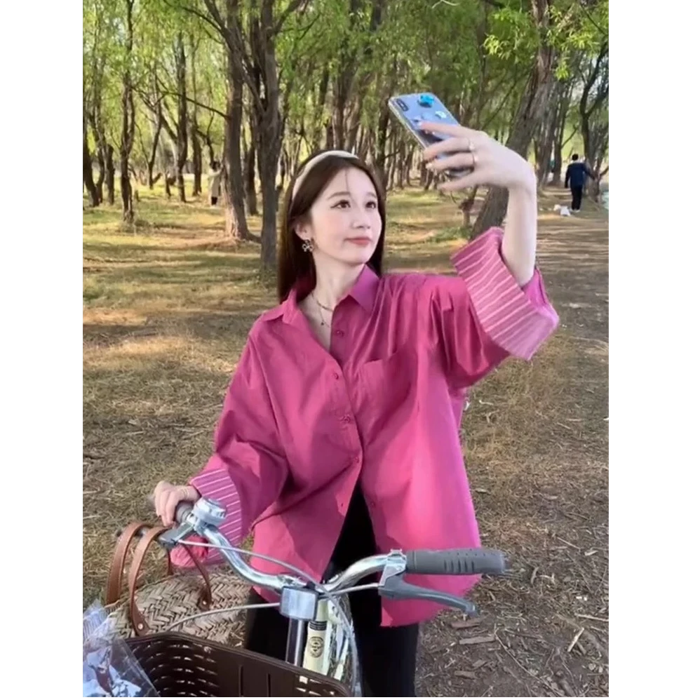 【长安春】智性东方韵气质胭脂红衬衫休闲时尚宽松小众时髦港味衬衣