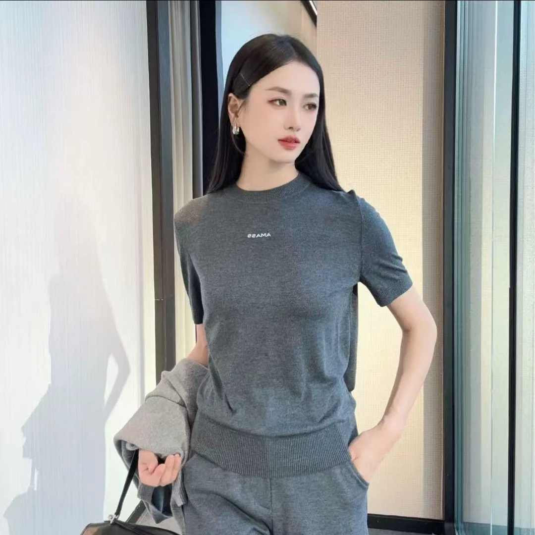 AMASS/阿玛施 春夏新款桑蚕丝时尚极简圆领纯色半袖针织衫538053