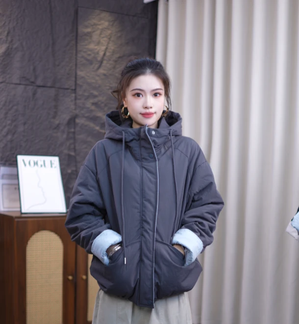 【连帽棉服】秋冬新款休闲宽松袖口撞色连帽拉链时尚百搭棉服外套女