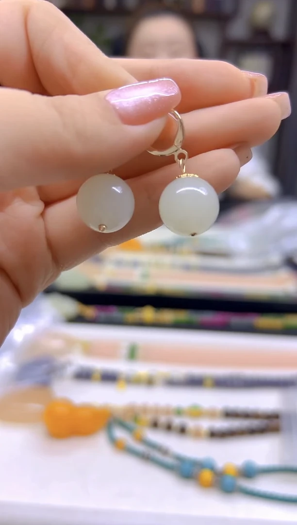 和田玉14K金镶嵌耳饰DIY款E611