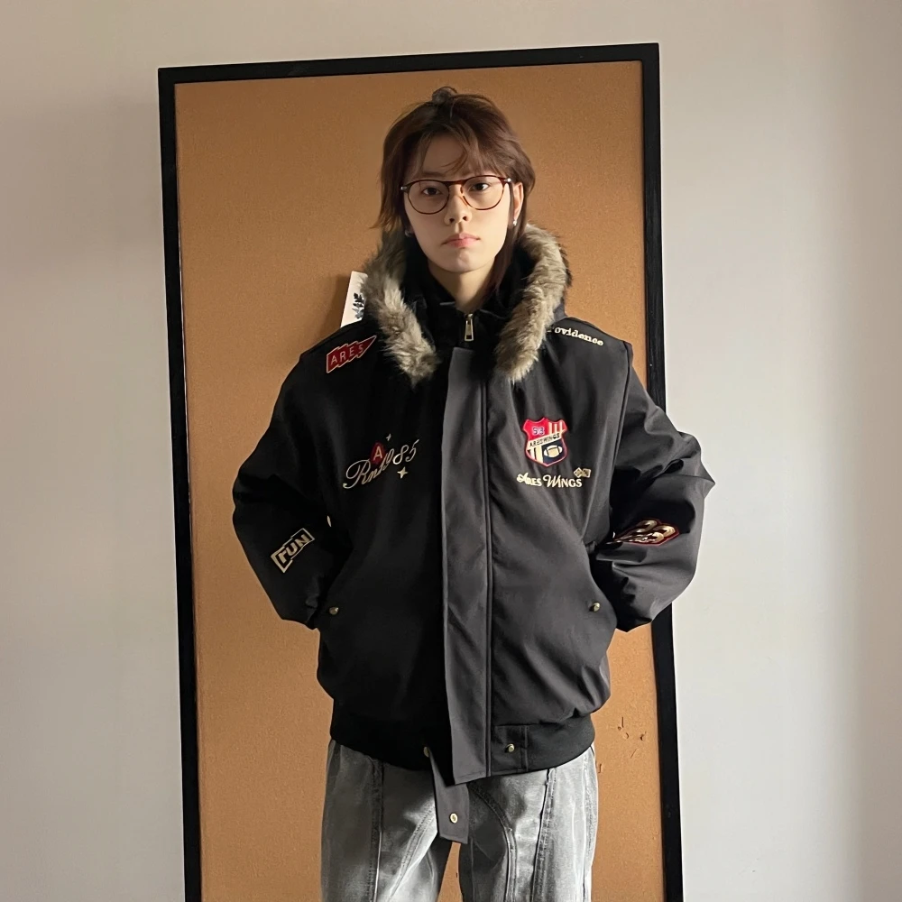 美式复古毛领连帽棉服夹克外套冬季加厚刺绣棉衣高街潮牌防风保暖