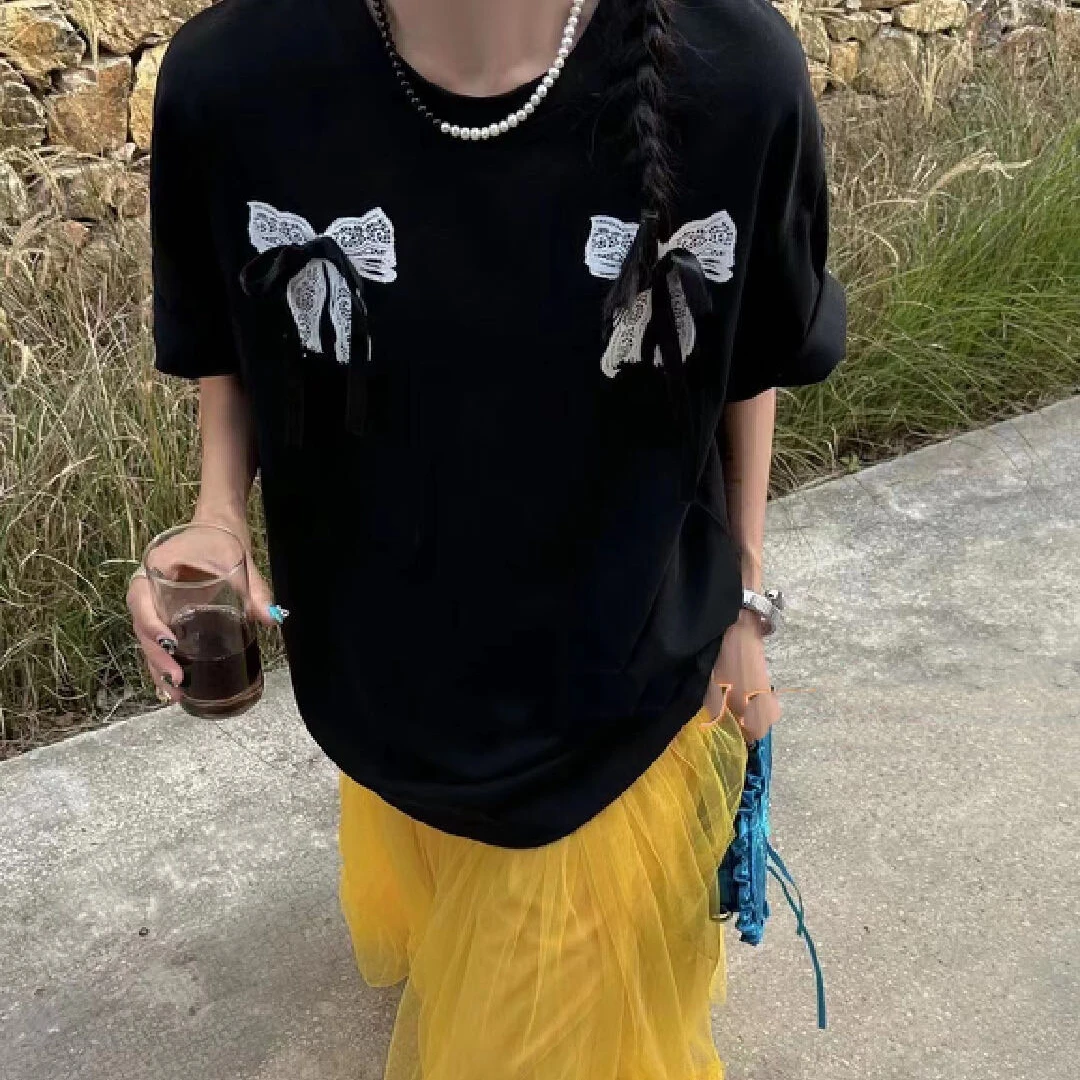 YS422514欧风美蝴蝶结拼接款式休闲短袖圆领慵懒风休闲T恤