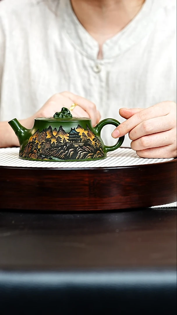 茶壶紫砂竹石 绿泥