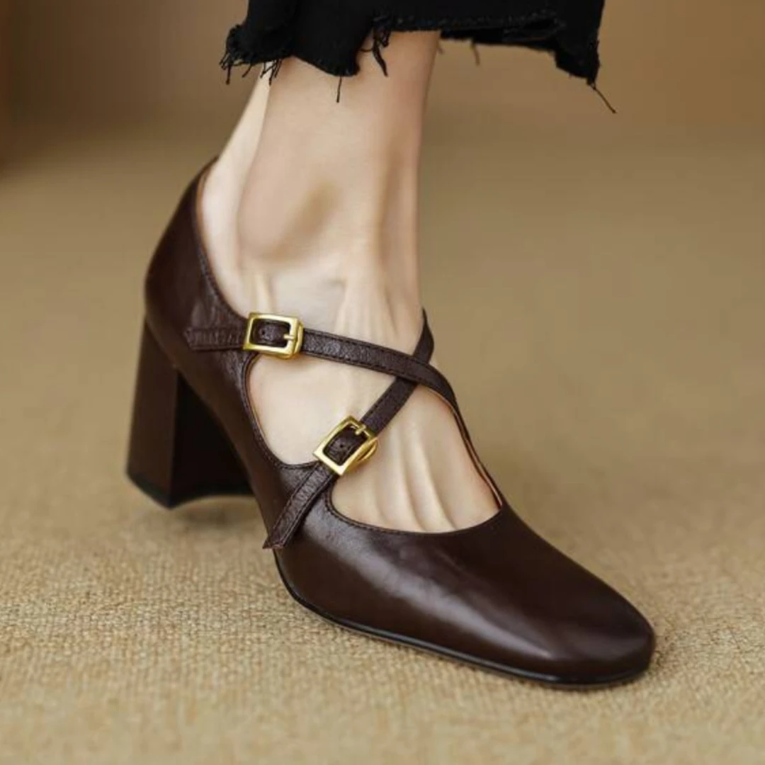 7cm/羊皮/法式复古交叉扣带玛丽珍高跟鞋春季真皮气质方头