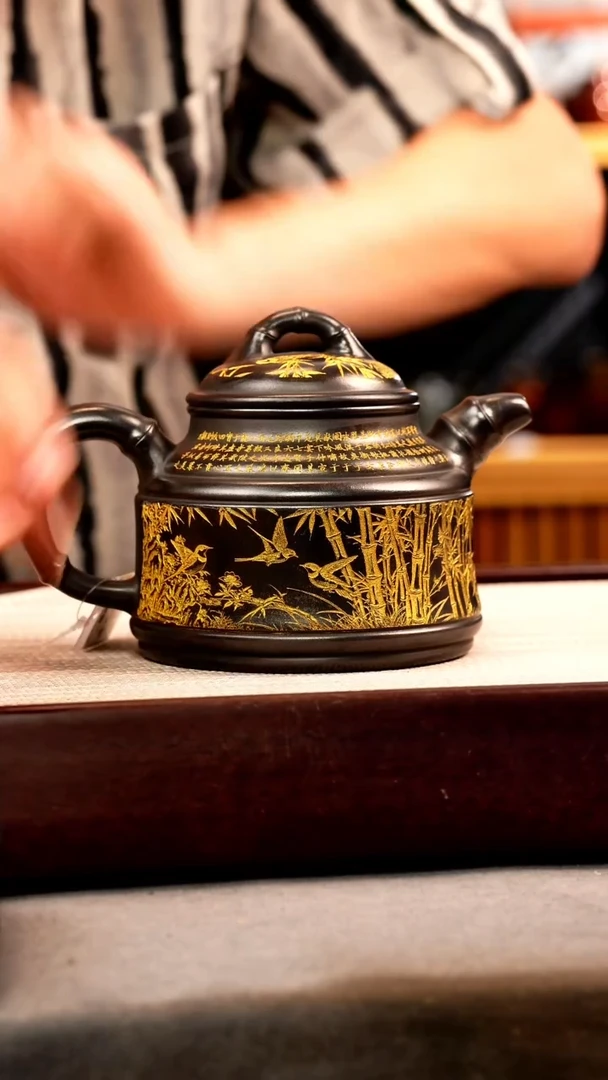 茶壶紫砂石黄 竹鼎 燕子图 描金