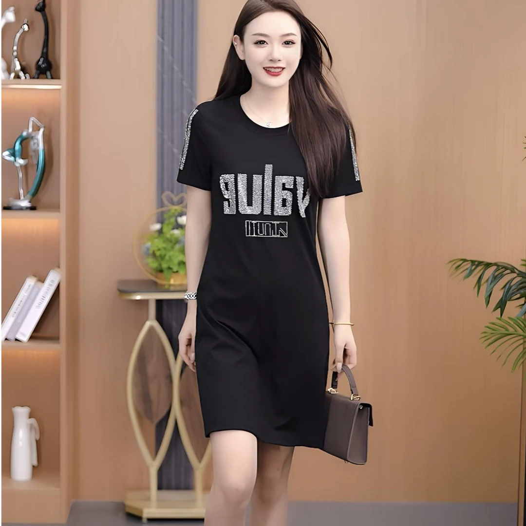 短袖显瘦常规连衣裙黑色外穿休闲中长款圆领薄款时尚女装夏装大码