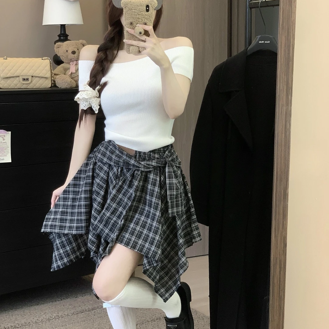 格子不规则半身裙女新款夏季小个子a字松紧腰短裙子#9887