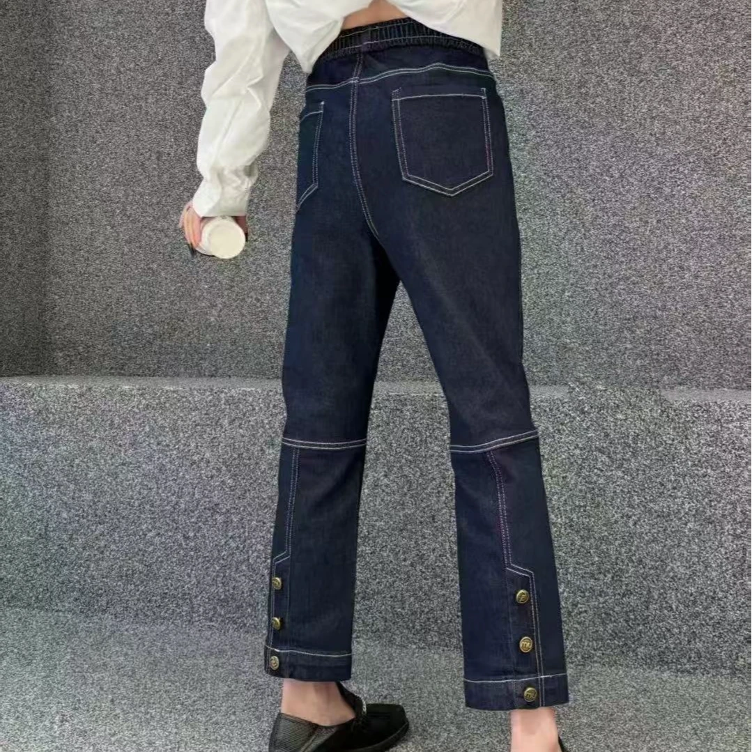 奇奇家潮派大码春季薄款宽松韩版普蓝纽扣高腰高弹百搭牛仔烟管裤