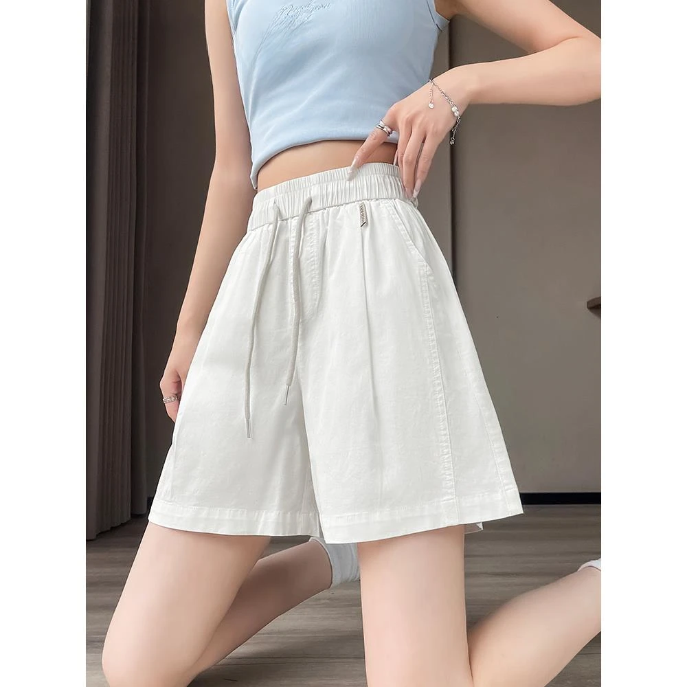 白色短裤女2025新款夏季薄款高腰显瘦a字棉休闲宽松阔腿五分裤