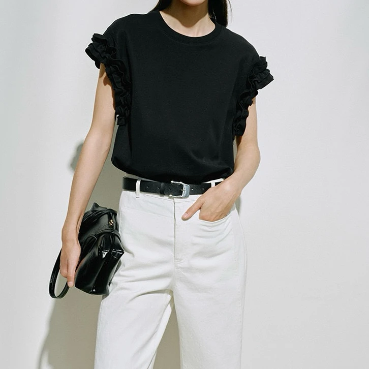 商场同款2025夏装圆领荷叶边短袖T恤上衣女时尚简约