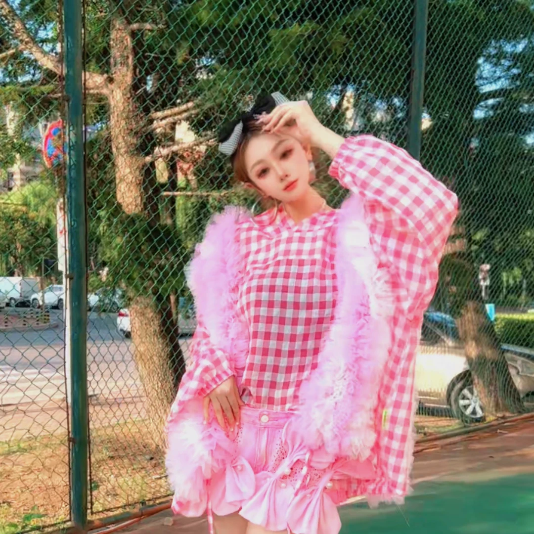 2283【熙妮潮牌】潮牌设计师私人定制红白格子撞色连帽防晒衣上衣