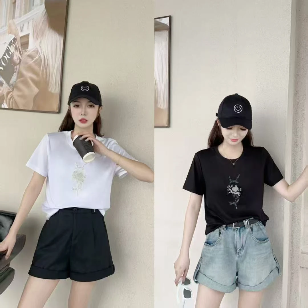 【锦衣服饰】ST 8986 韩系百搭时尚重工钉珠短袖T恤