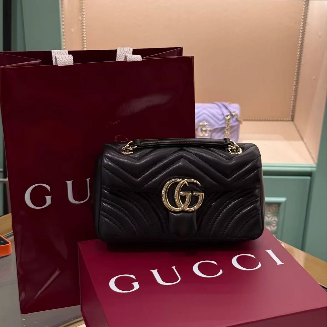 95新 GUCCI/古驰 GGS古驰新款马蒙小号黑金牛皮单肩包26588814
