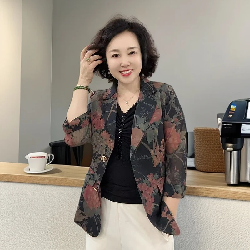 8852七分袖印花网纱小西服,衣长63cm左右