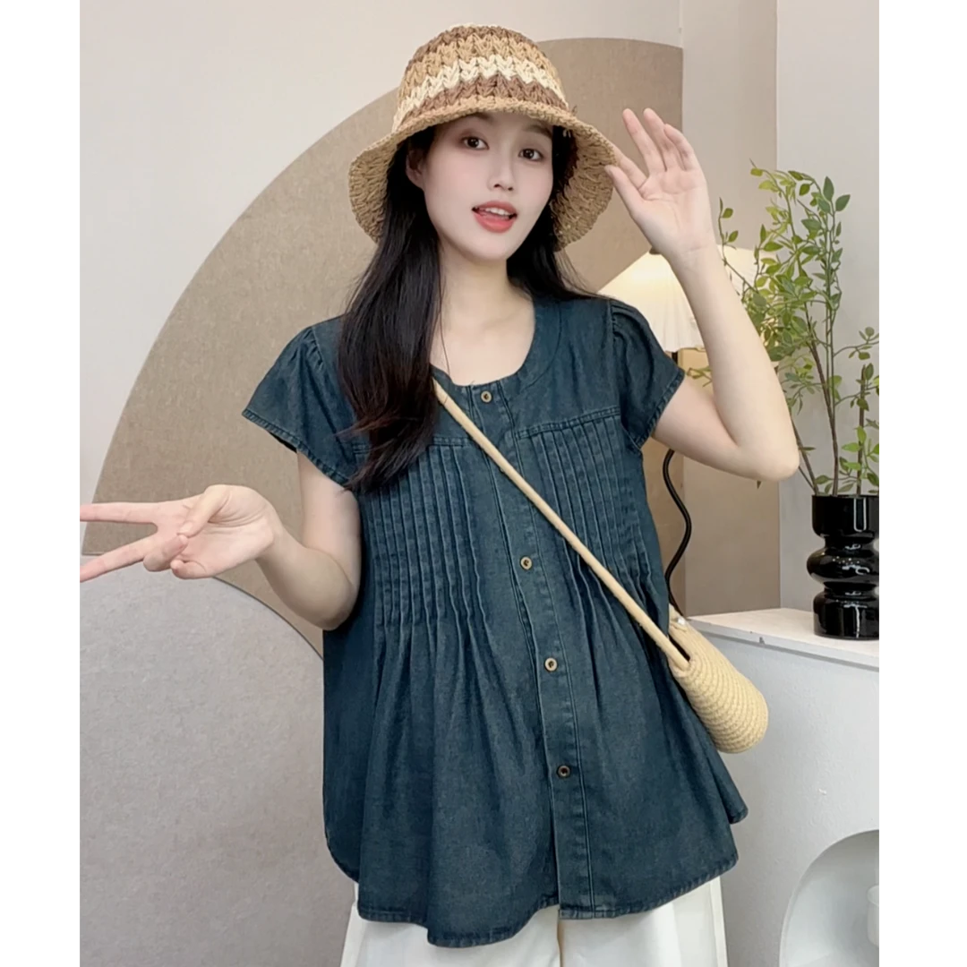孕妇装夏装时尚新款显瘦牛仔衬衫气质小个子外穿复古减龄娃娃衫