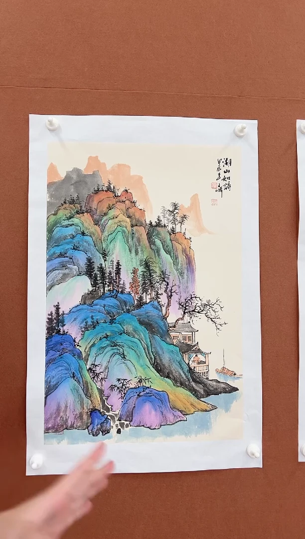 国画李文峰四尺三开重彩青绿山水