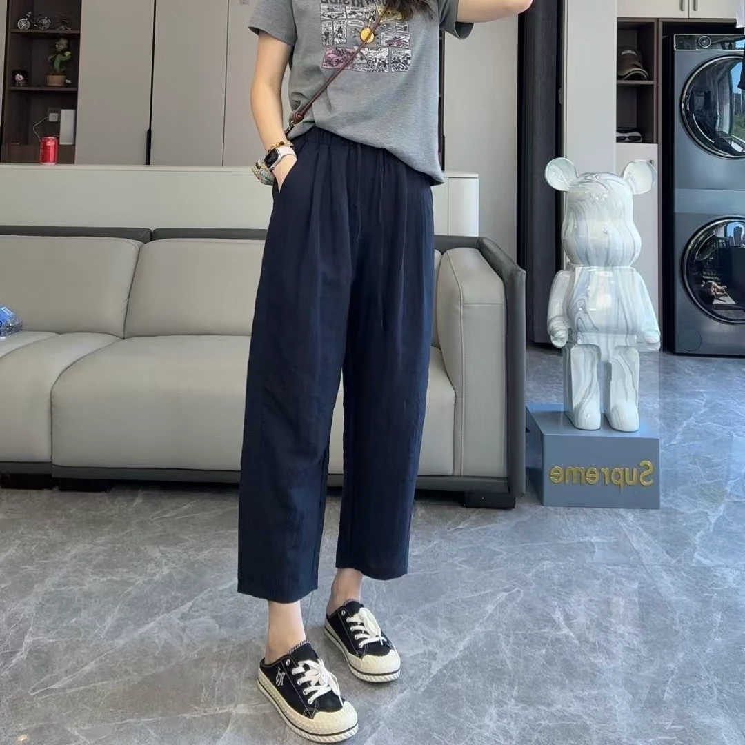 BTW百搭莱赛尔亚麻裤女宽松直筒休闲小个子显瘦九分薄款阔腿裤