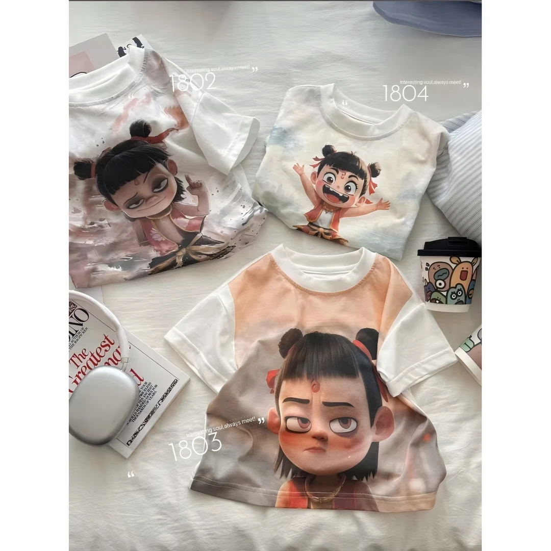 儿童夏季数码印花时尚百搭短袖男童蓝色休闲舒适透气洋气潮流