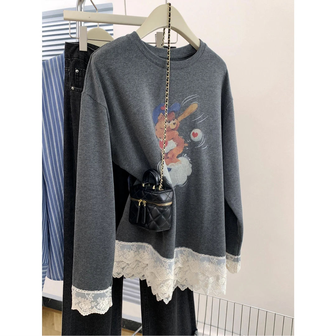 胖妹妹240斤大码灰色蕾丝花边打底衫女秋冬春季磨毛长袖t恤上衣潮