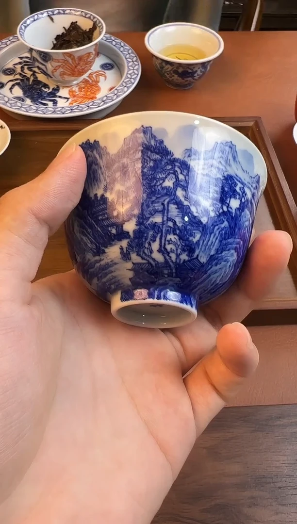 问青坊纯手工手绘青花山水柴窑主人杯