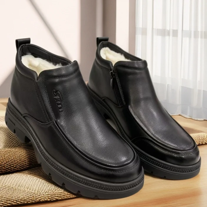 新款冬季男款素面拉链羊毛高帮皮鞋防滑休闲皮鞋时尚皮鞋62206