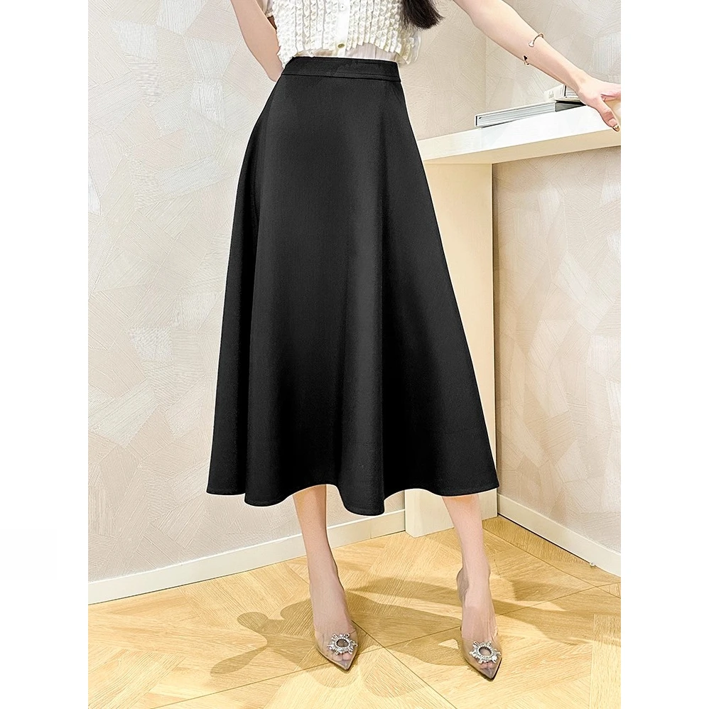 25年新款重磅丝羊毛高腰显瘦气质纯黑色伞裙大摆中长款裙子半身裙