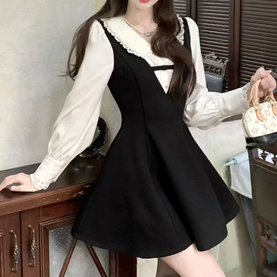 设计感撞色衬衫连衣裙套装