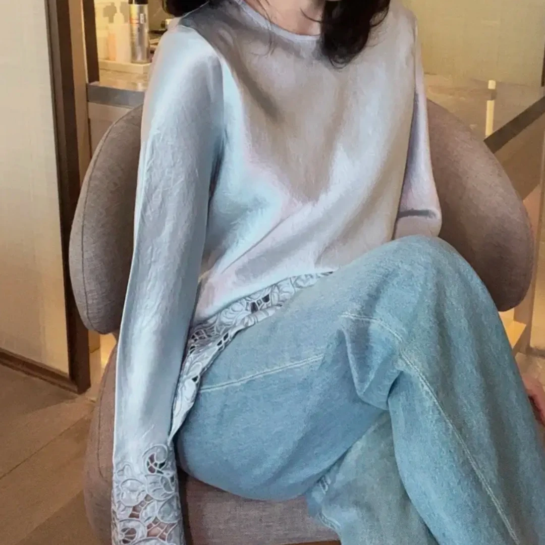 新中式国风下摆镂空上衣2025新款春季简约圆领时尚内搭外穿打底衫