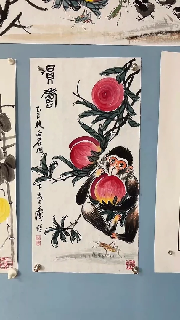 国画武天庆老师猴子寿桃