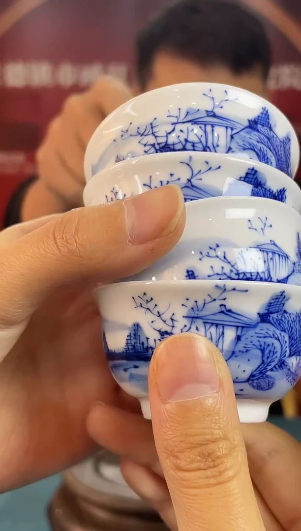 瓷001函夏非遗青花山水主人杯（四只）