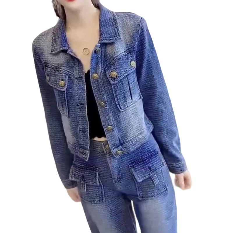 牛仔套装女2024年时尚新款牛仔短外套直筒牛仔裤洋气休闲两件套潮