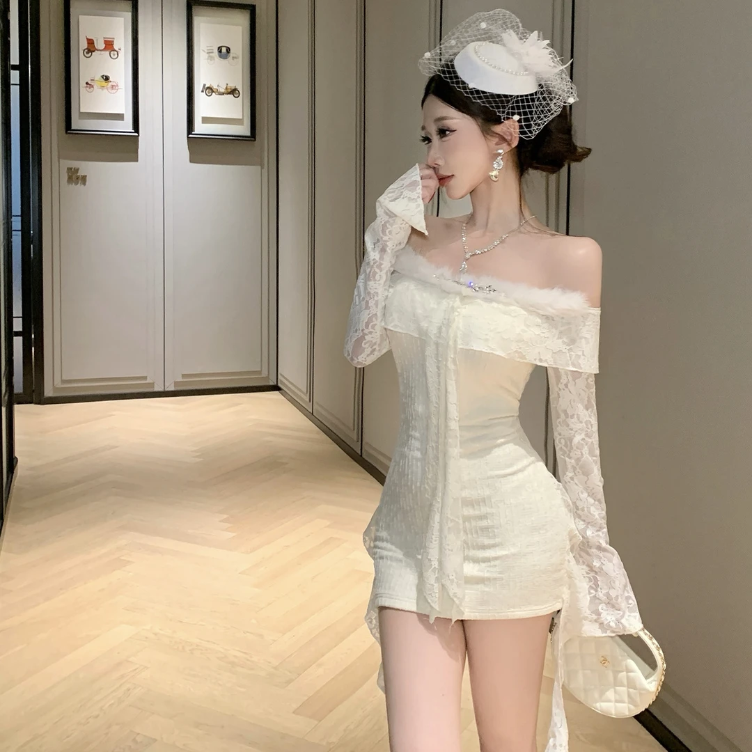 富家千金风名媛蕾丝一字肩长袖连衣裙女秋冬新款收腰紧身包臀裙