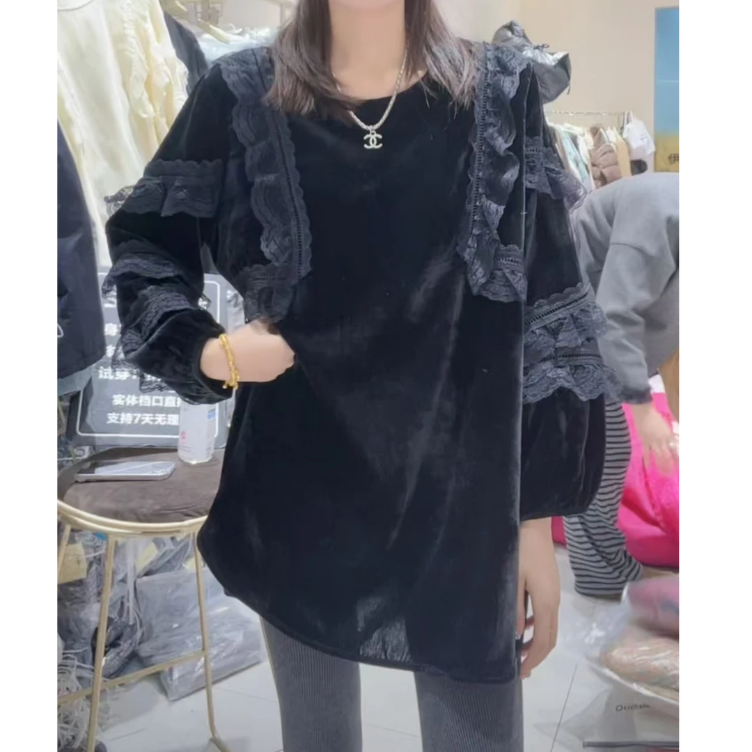 【三懿服饰】冬季新款设计感花边蕾丝拼接丝绒上衣-6520