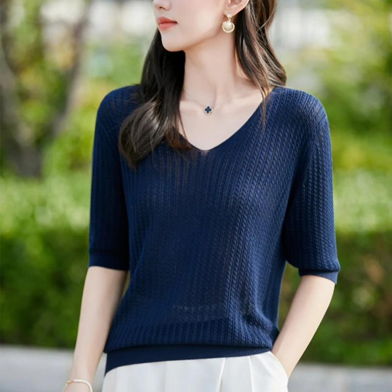 韩系减龄V领莱赛尔天丝T恤女高级感小众轻薄短袖时尚气质打底衫