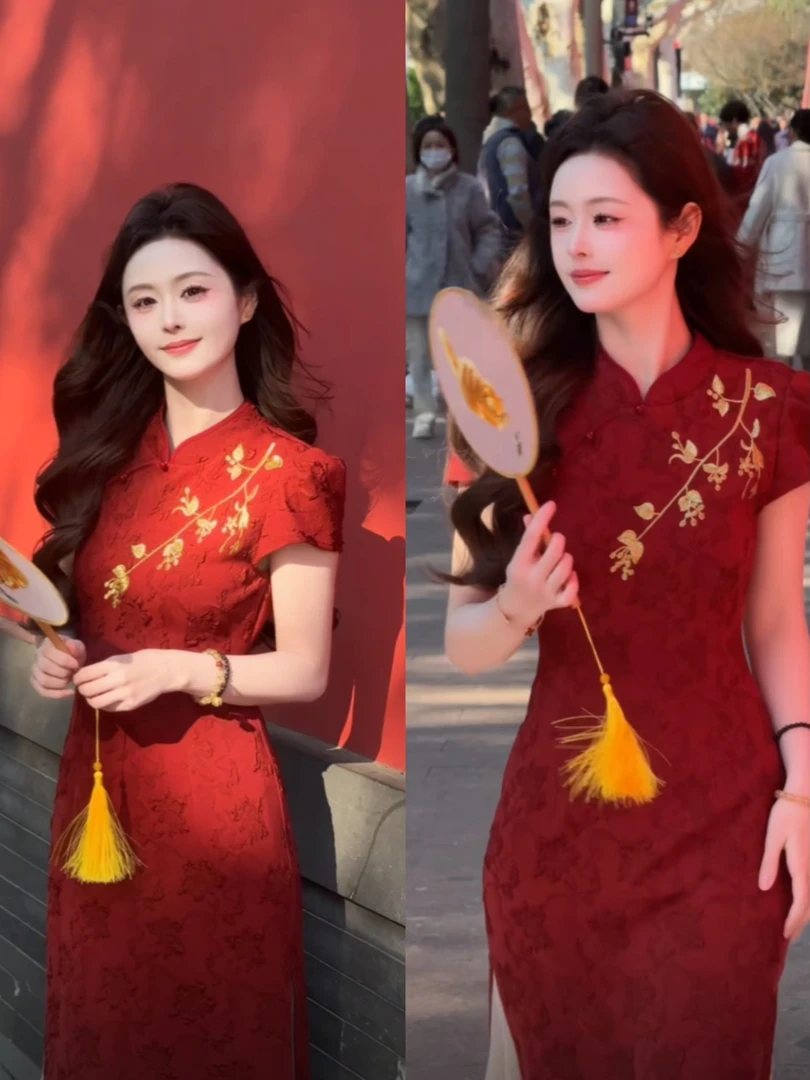 【华悦】新中式撞色刺绣假两件旗袍连衣裙子女装新款收腰显瘦国风裙