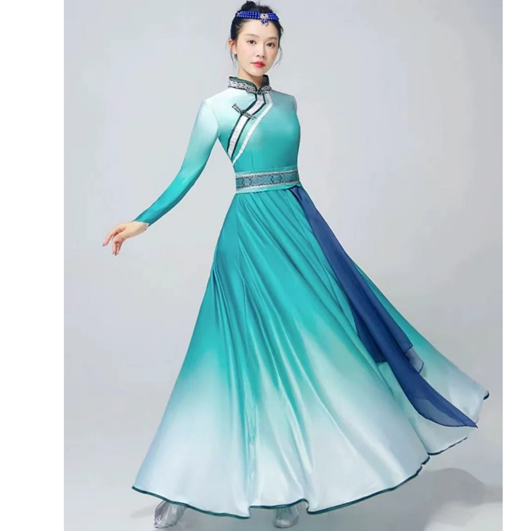 绿蓝蒙族演出服舞蹈服长款女连衣裙