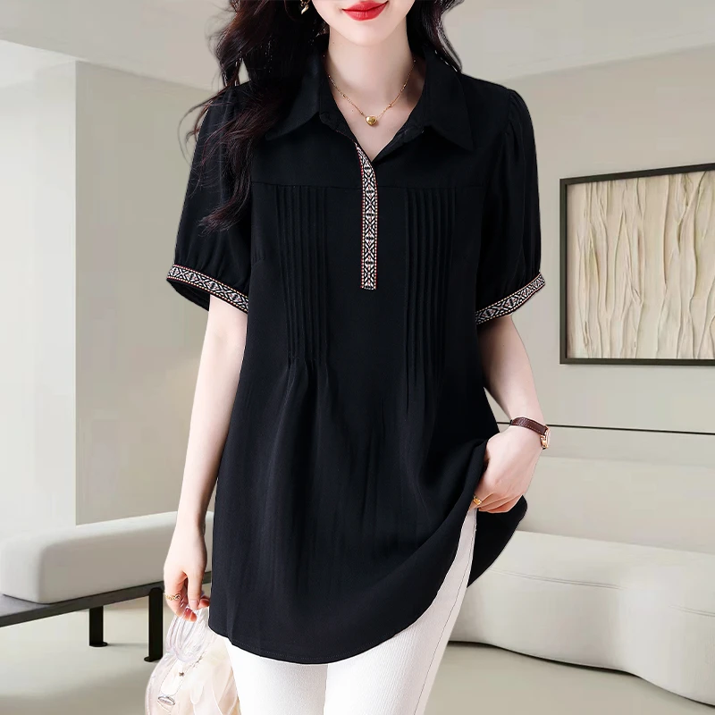 中长款复古刺绣雪纺衬衫女2025夏季新款宽松遮肚显瘦大码短袖上衣