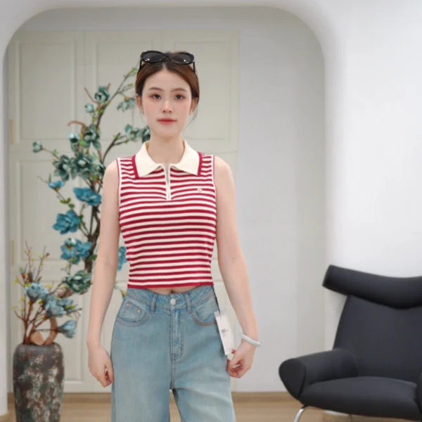 绘图轻奢【红婷】撞色条纹polo领针织衫短袖2025夏款显瘦上衣b019
