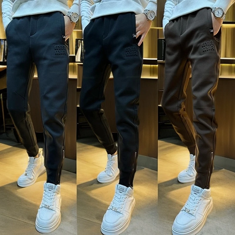 冬季新款百搭加绒加厚时尚休闲裤男士秋冬潮流修身韩版长裤弹力