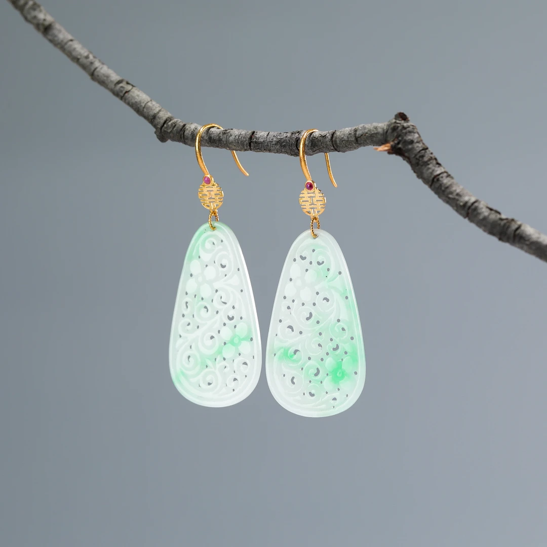 【意婵】天然高品飘绿翡翠18k金古典气质耳饰-909873