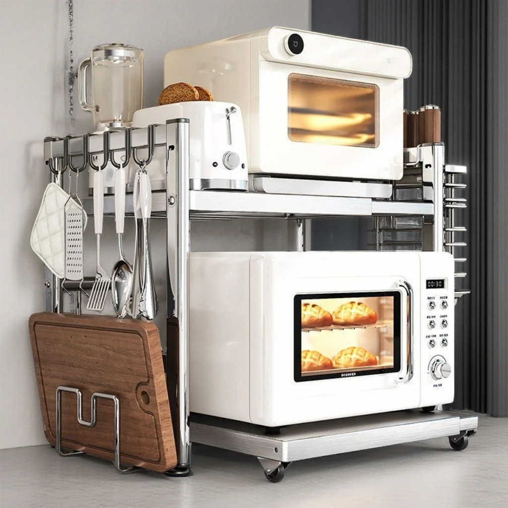 厨房抽拉微波炉置物架台面不锈钢整理烤箱架电饭煲空气炸锅收纳架