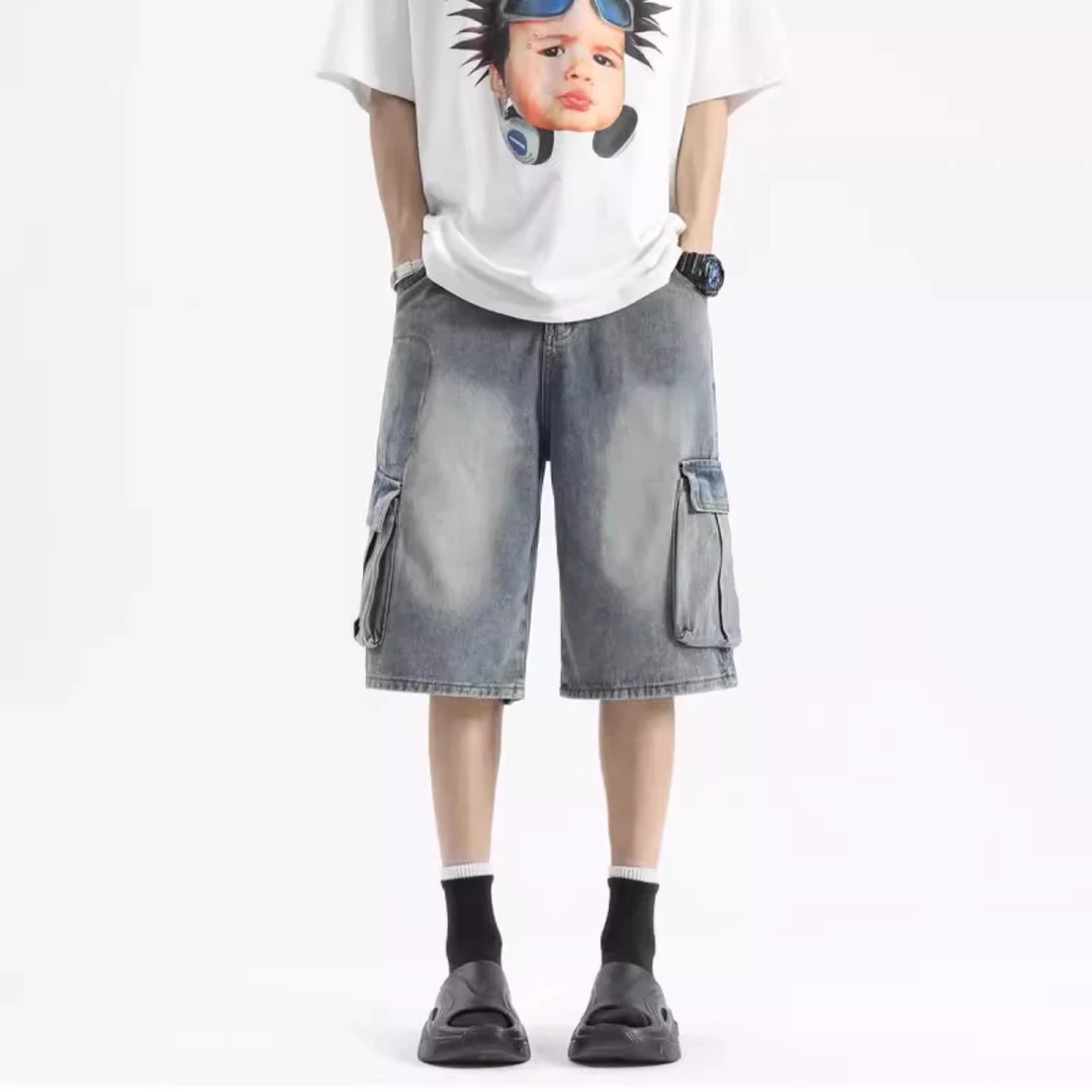 大口袋工装牛仔短裤男士夏季薄款宽松休闲美式复古阔腿五分中裤子