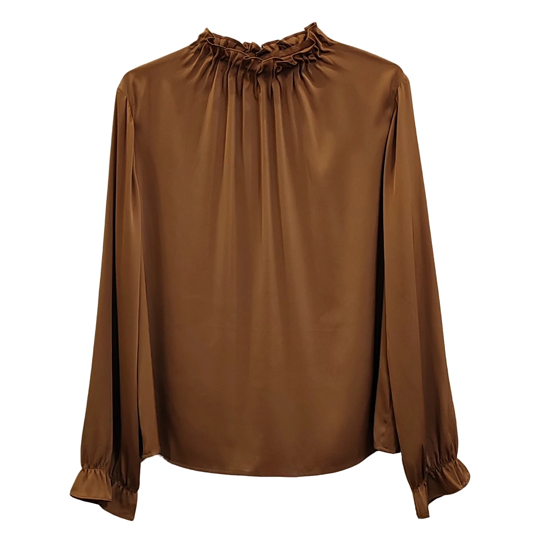 2024早秋款法式轻奢高级桑蚕丝复古褶皱花瓣领长袖套头纯色衬衫女