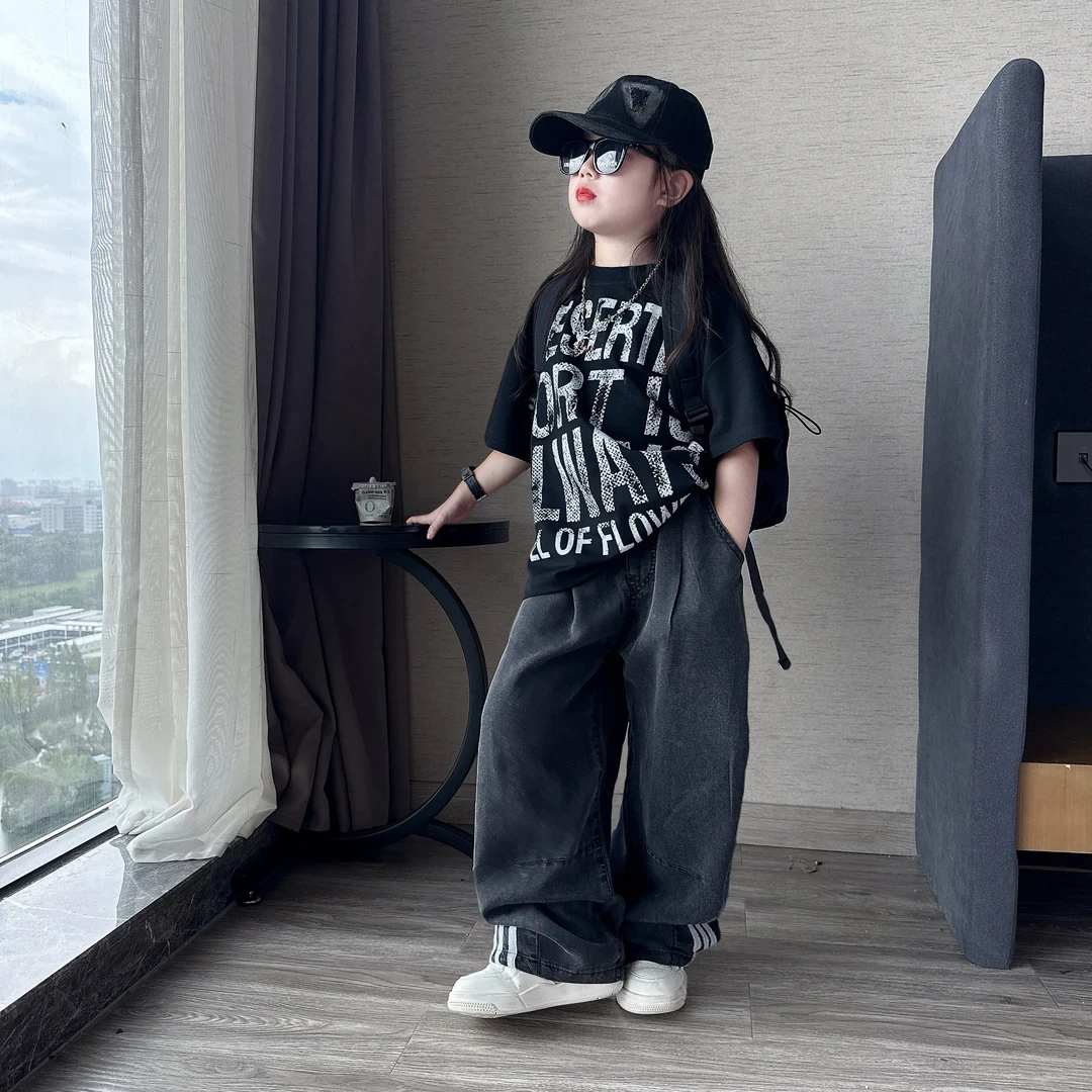 男女童夏季休闲街舞风宽松大版T恤中大童薄款阔腿裤牛仔裤潮
