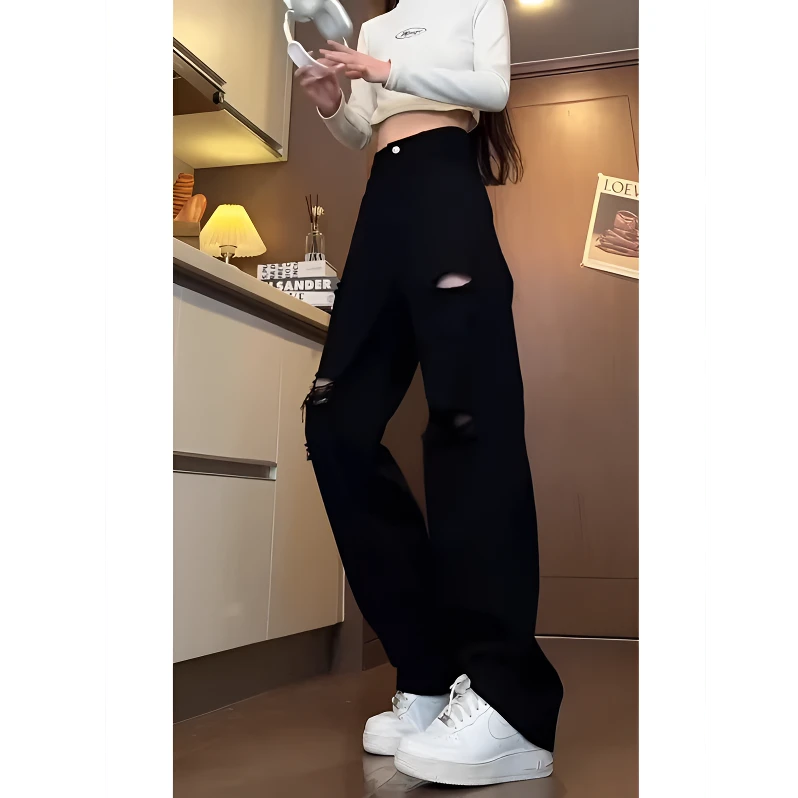 夏季新款破洞水洗复古牛仔裤男女同款薄款潮牌痞帅潮流微喇直筒裤