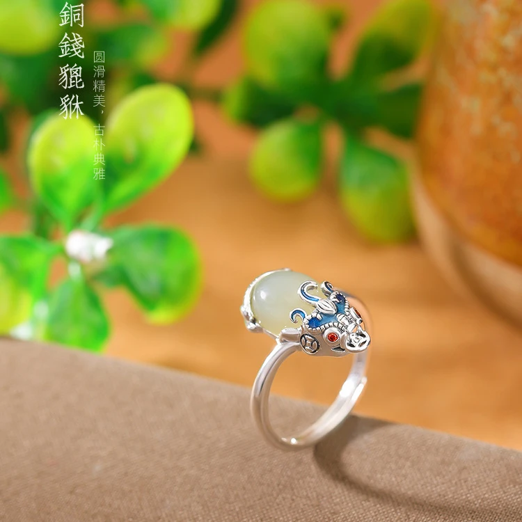 S925银和田玉晴水玉国潮景泰蓝钱币貔貅戒指国风开口指环