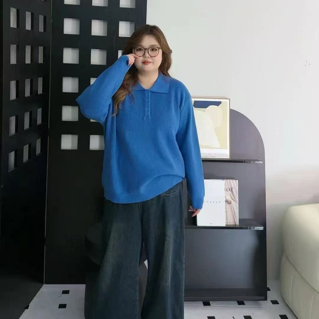 087-1大码胖mm甜美气质高级感polo针织衫秋冬季新款韩版百搭套女