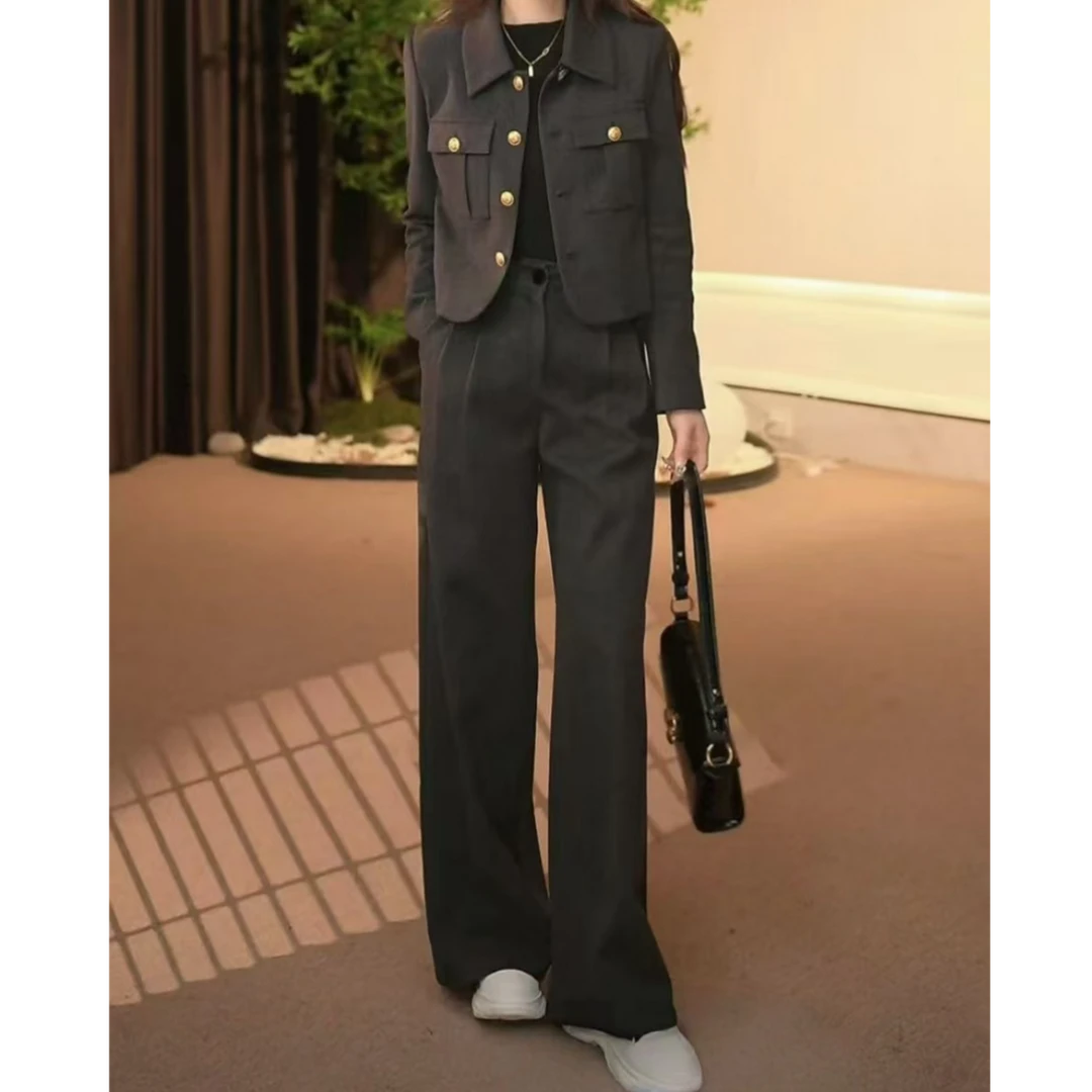 时尚百搭夹棉外套阔腿裤套装女2024秋冬季新款休闲轻奢遮肉两件套