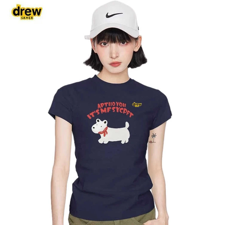 正品Drew Samer笑脸小狗圆领正肩短袖t恤女夏季修身紧身短款上衣